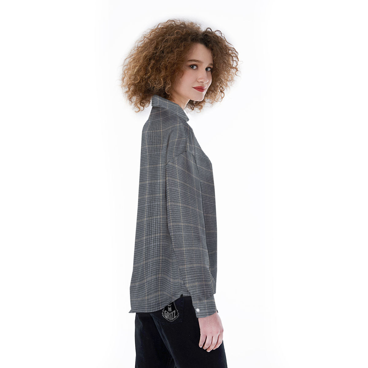 Windowpane Grey Print Pattern Women's Long Sleeve Shirts-grizzshop