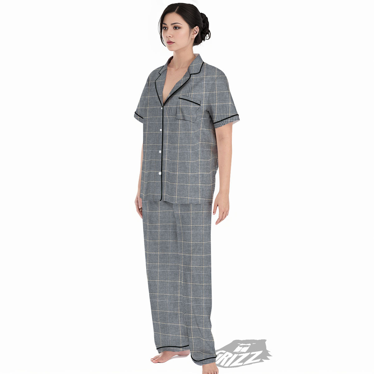 Windowpane Grey Print Pattern Women's Pajamas Set-grizzshop