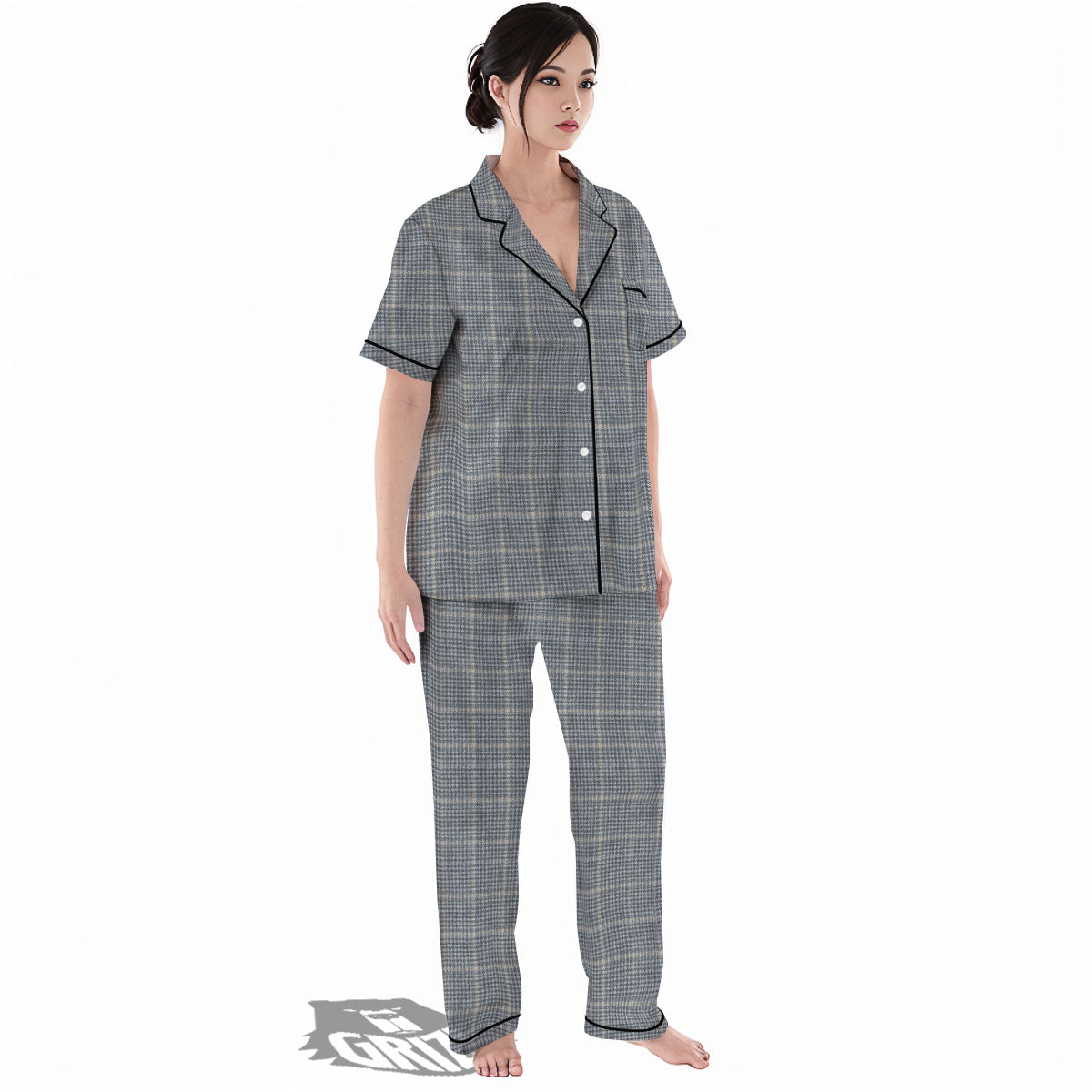 Windowpane Grey Print Pattern Women's Pajamas Set-grizzshop
