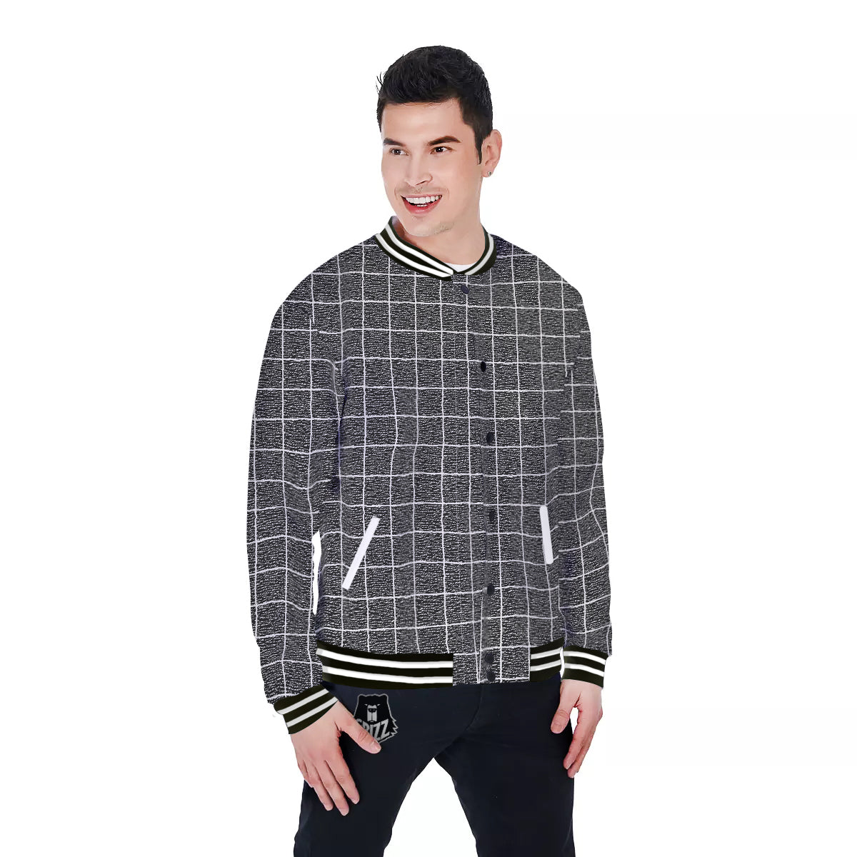 Windowpane Noisy Print Pattern Baseball Jacket-grizzshop