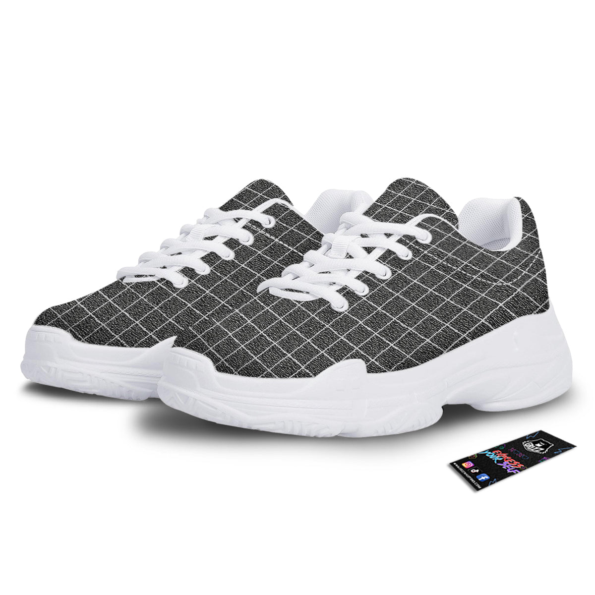 Windowpane Noisy Print Pattern White Chunky Shoes-grizzshop