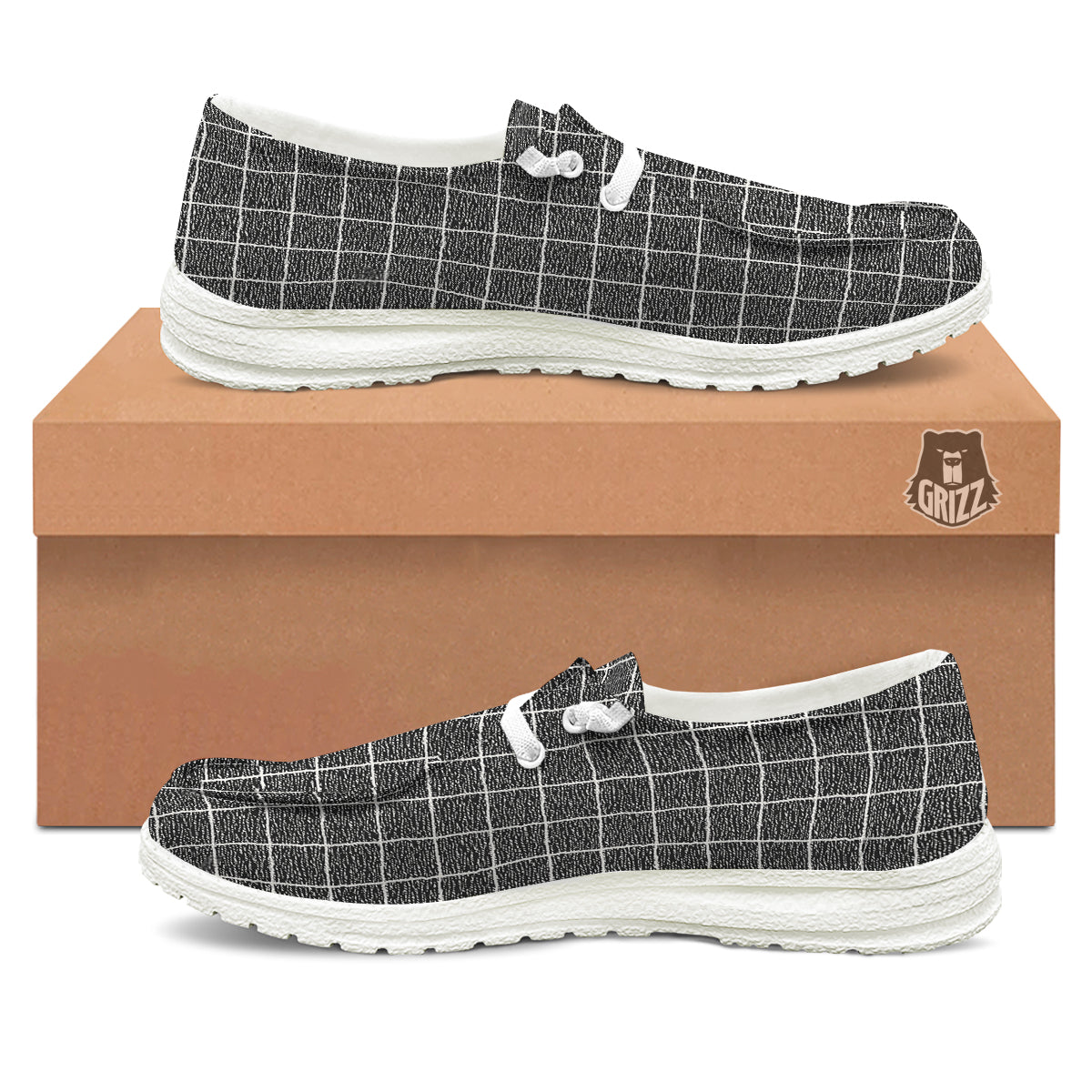 Windowpane Noisy Print Pattern White Loafers-grizzshop