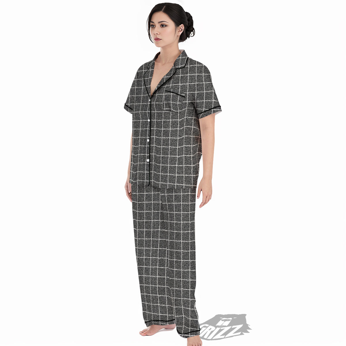 Windowpane Noisy Print Pattern Women's Pajamas Set-grizzshop
