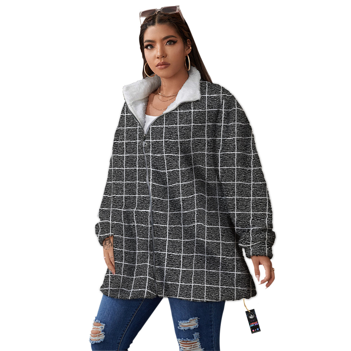 Windowpane Noisy Print Pattern Women's Sherpa Jacket-grizzshop