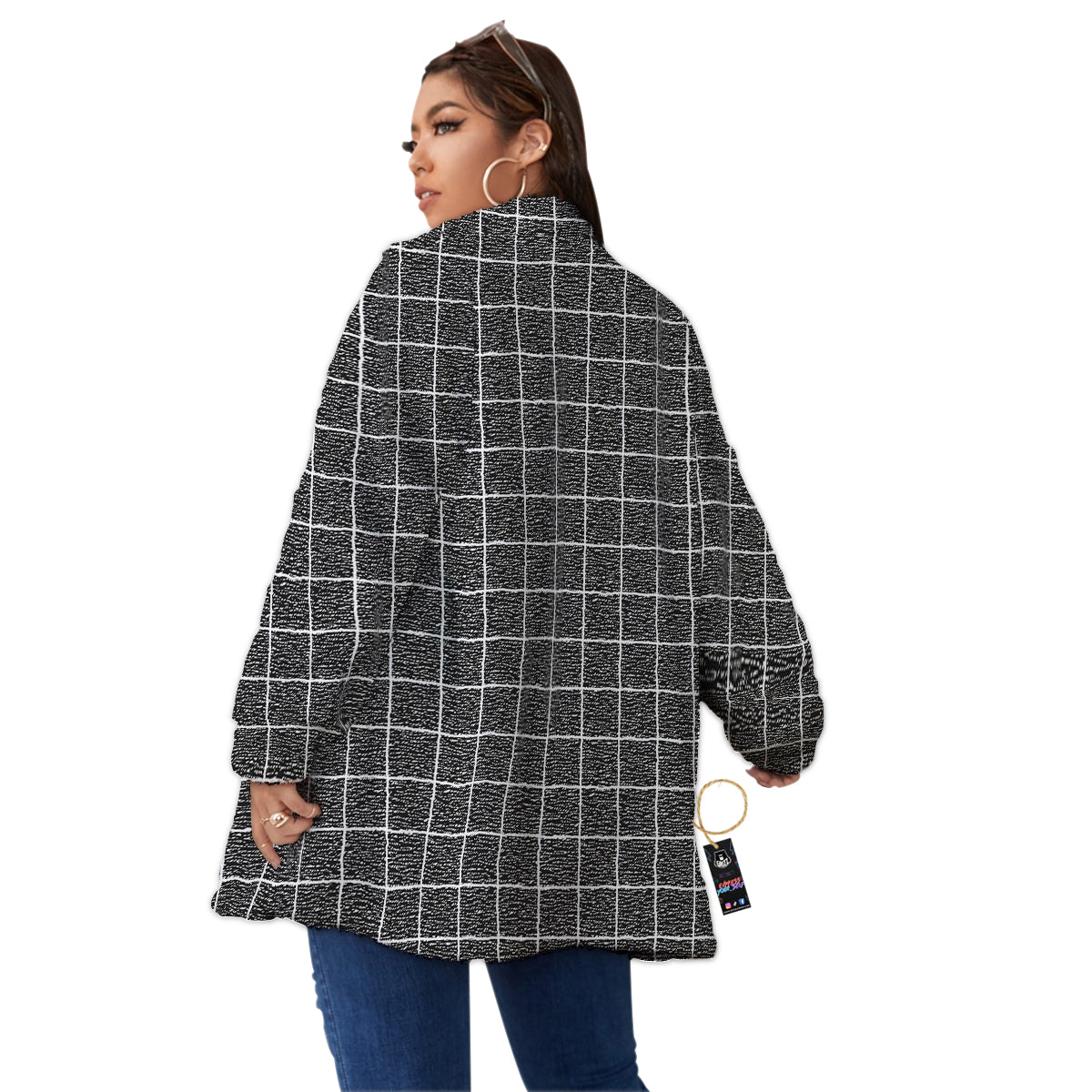 Windowpane Noisy Print Pattern Women's Sherpa Jacket-grizzshop