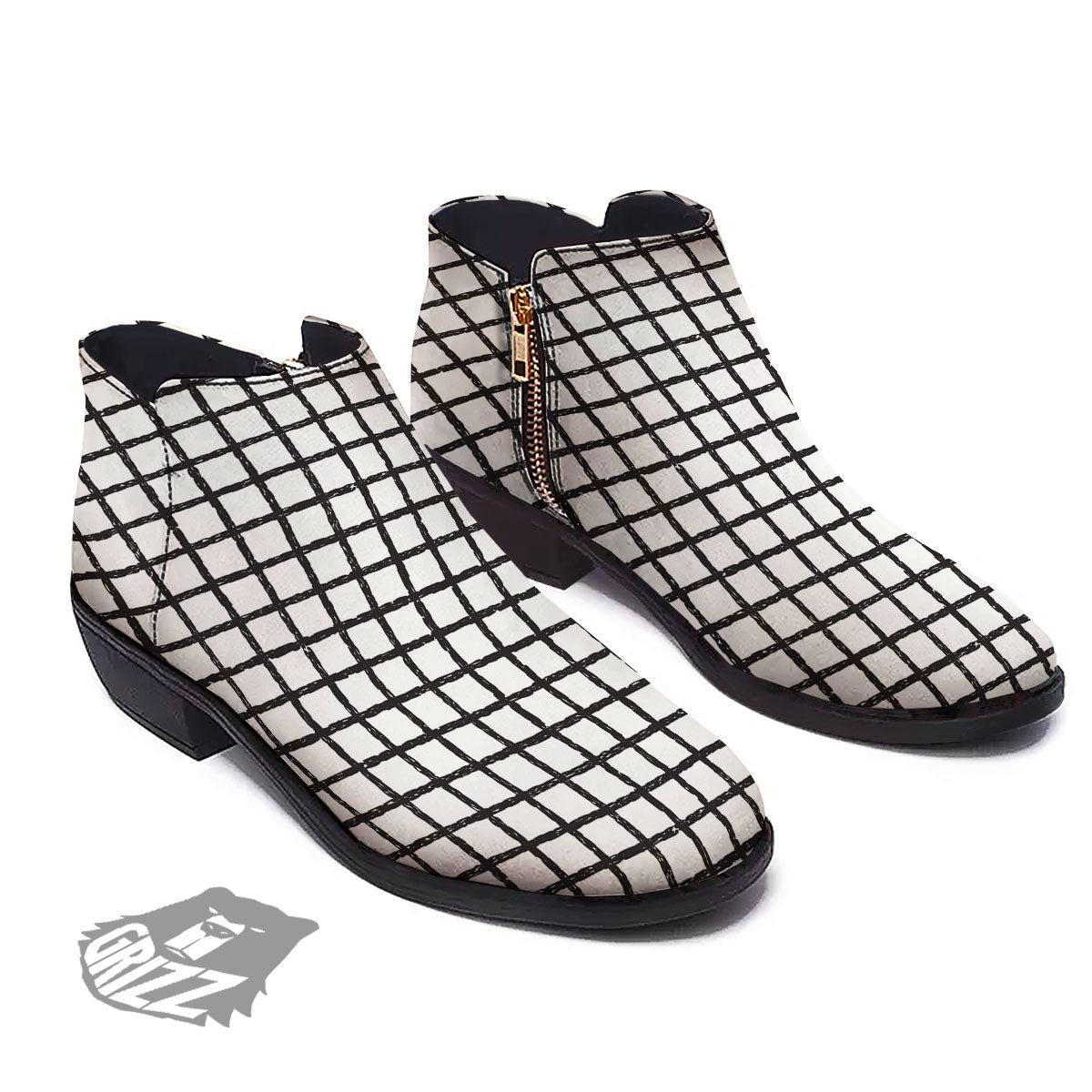 Windowpane White And Black Print Pattern Ankle Boots-grizzshop