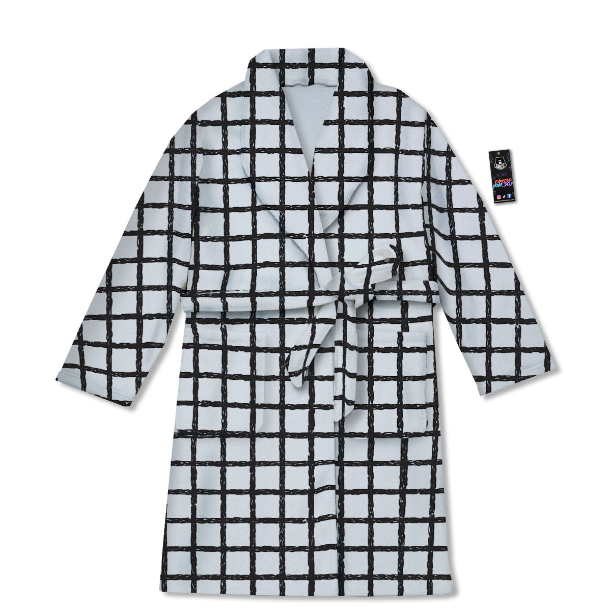 Windowpane White And Black Print Pattern Bathrobe-grizzshop