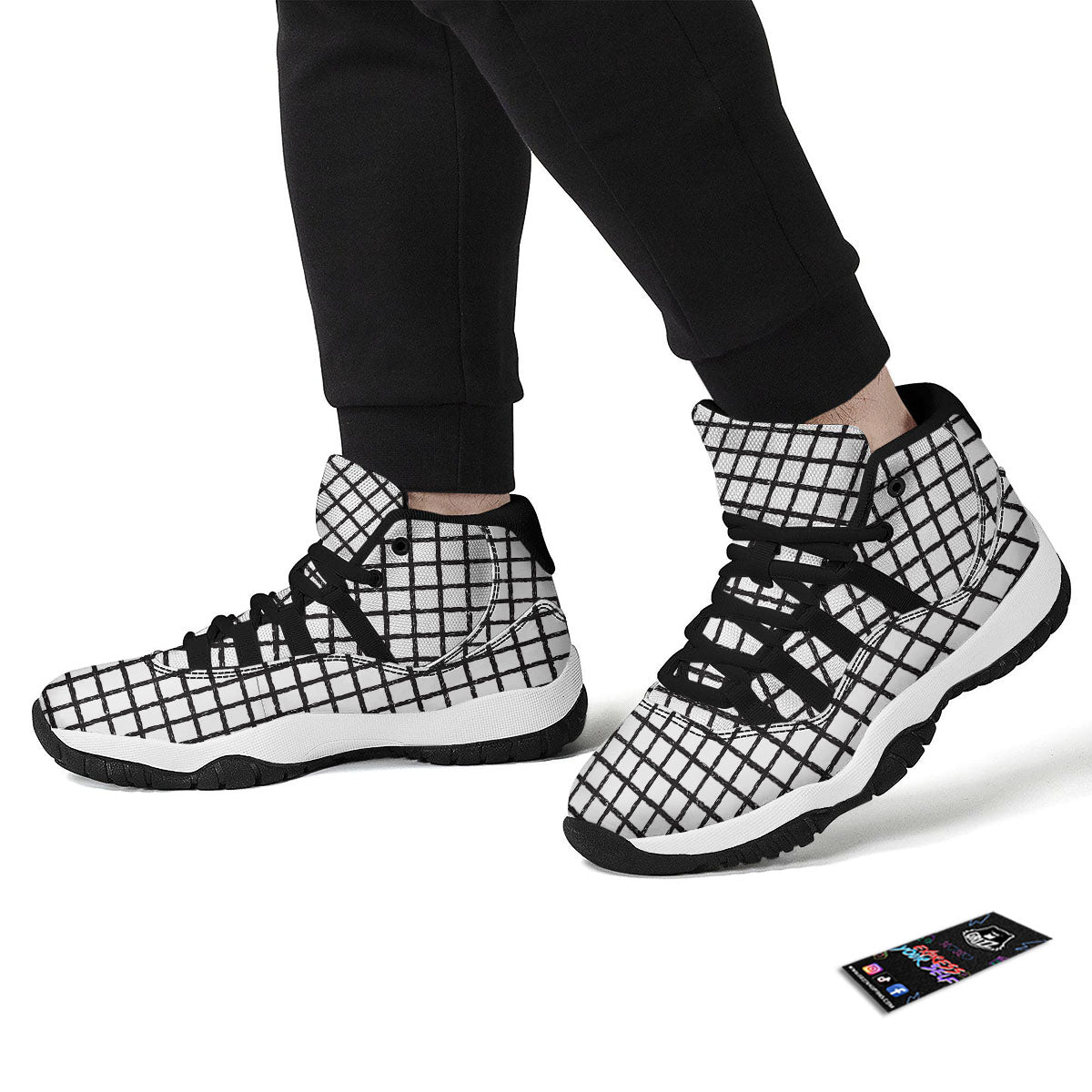 Windowpane White And Black Print Pattern Black Bball Shoes-grizzshop