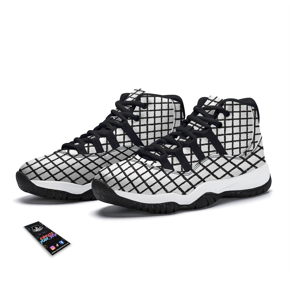 Windowpane White And Black Print Pattern Black Bball Shoes-grizzshop