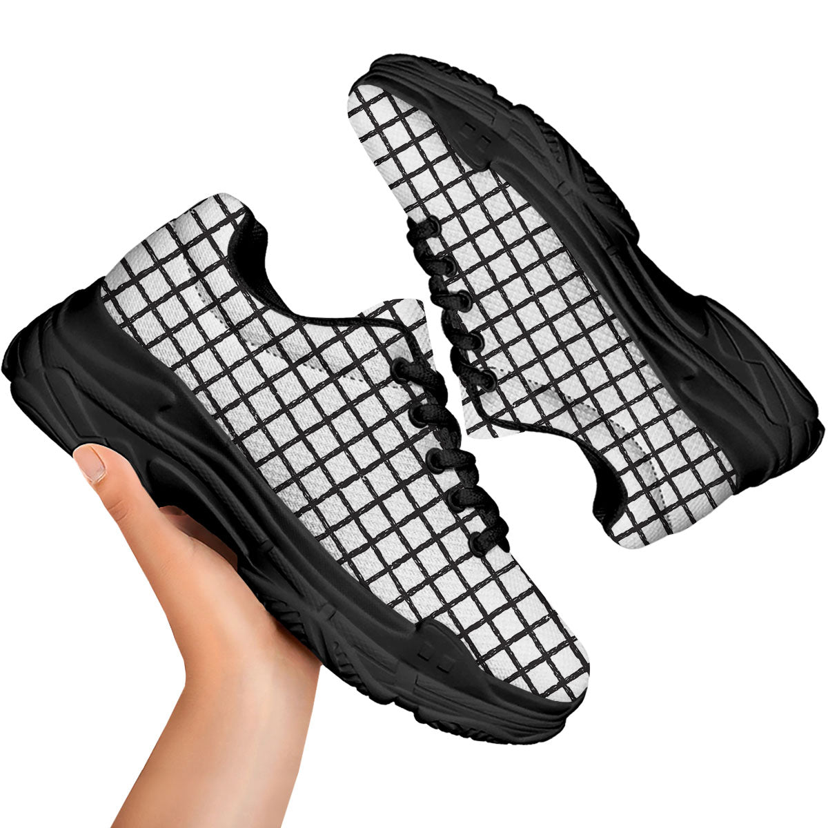 Windowpane White And Black Print Pattern Black Chunky Shoes-grizzshop