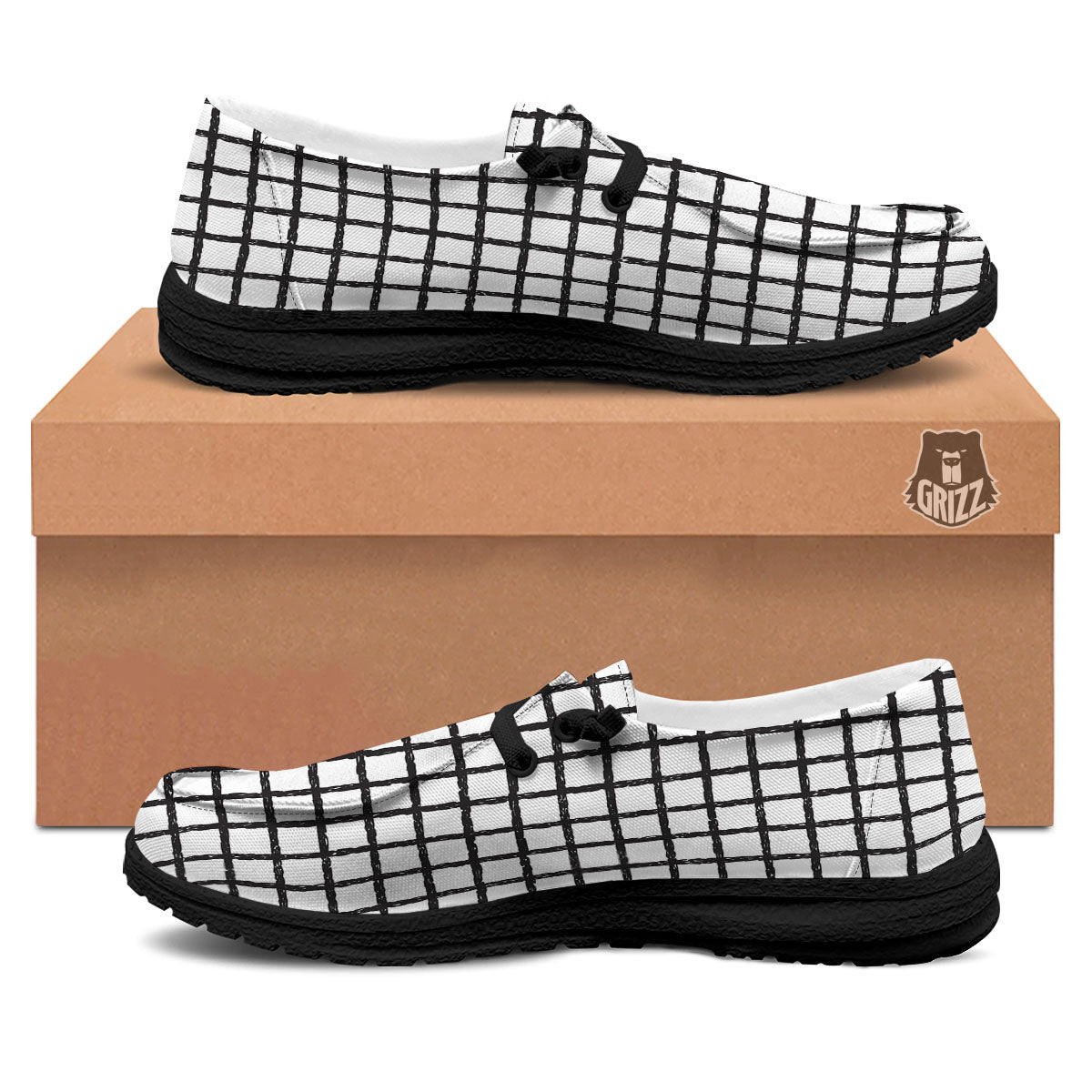 Windowpane White And Black Print Pattern Black Loafers-grizzshop