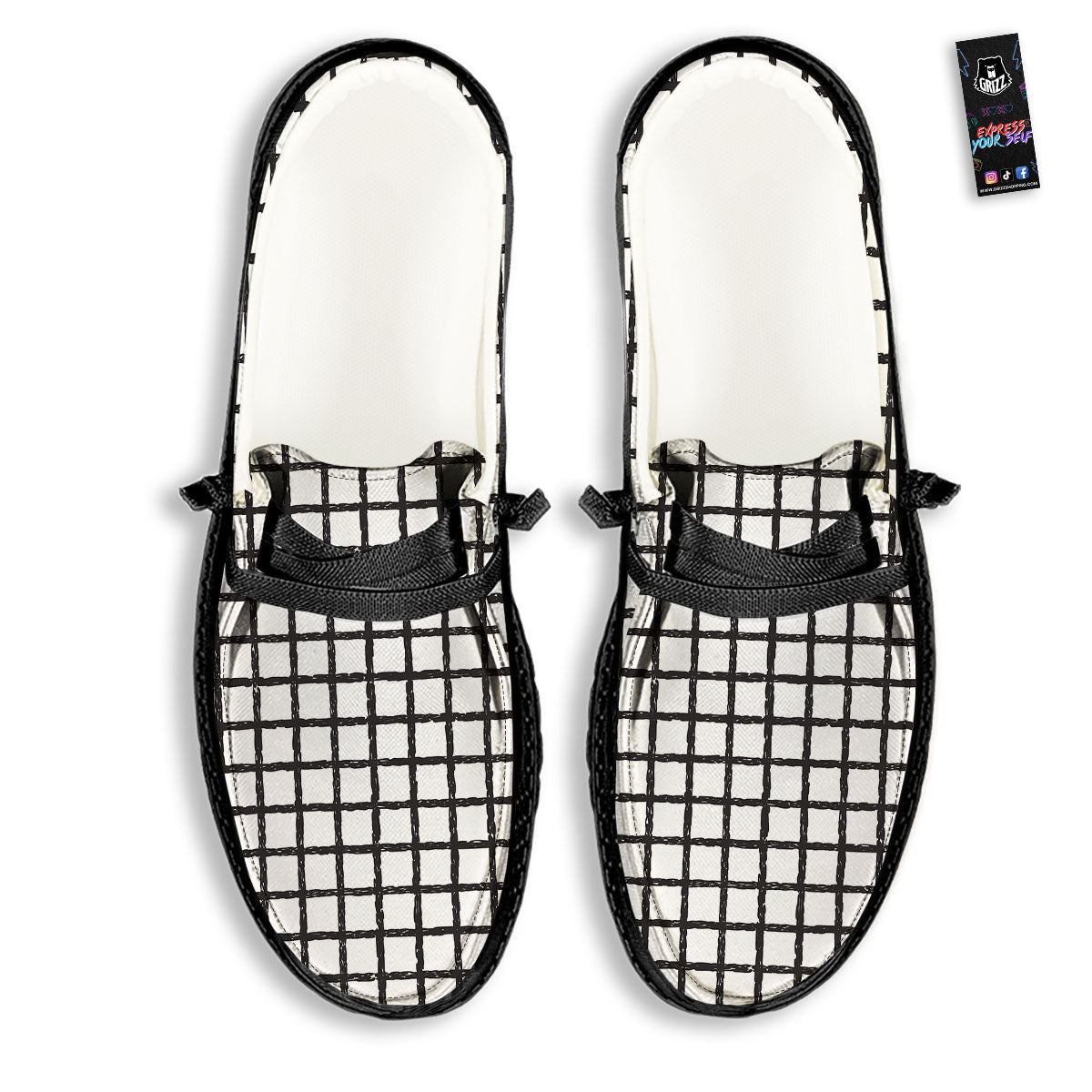 Windowpane White And Black Print Pattern Black Loafers-grizzshop