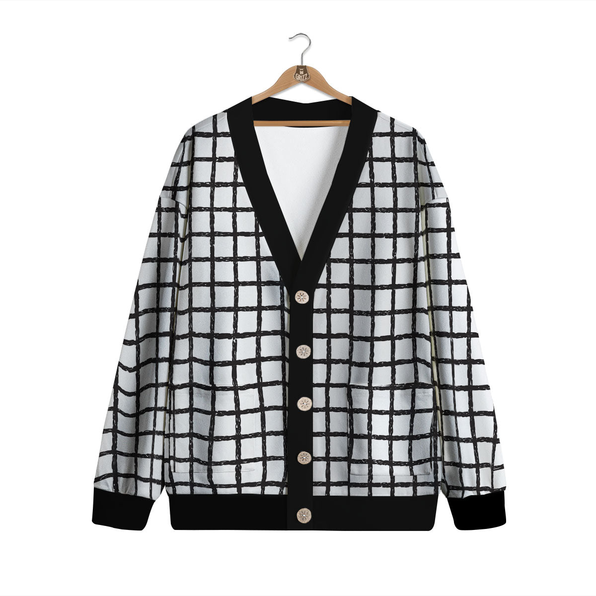 Windowpane White And Black Print Pattern Cardigan-grizzshop