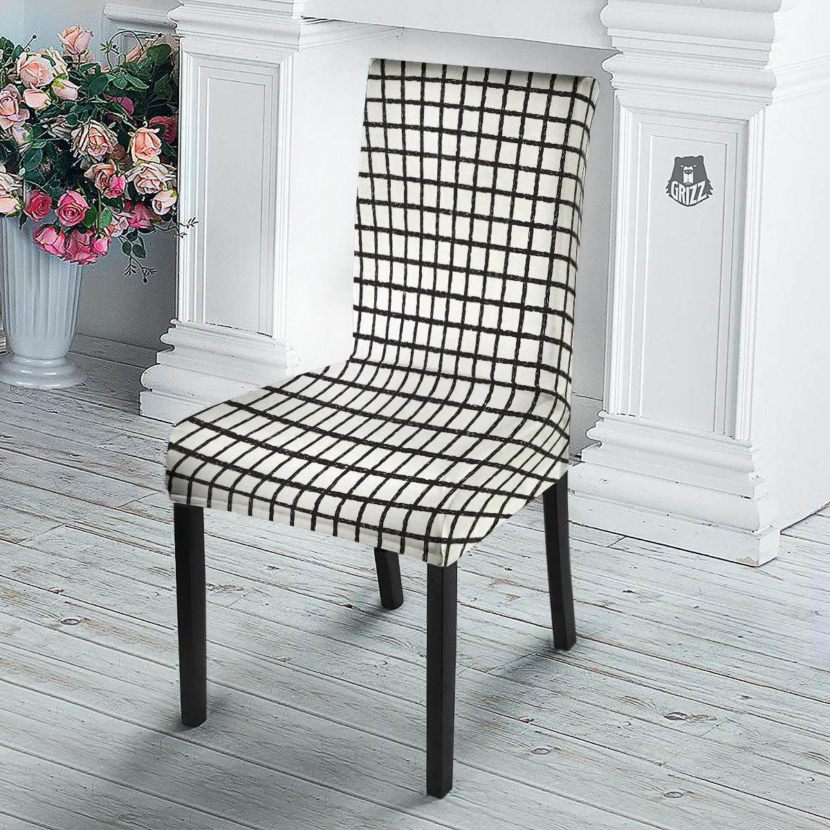 Windowpane White And Black Print Pattern Dining Chair Slipcover-grizzshop