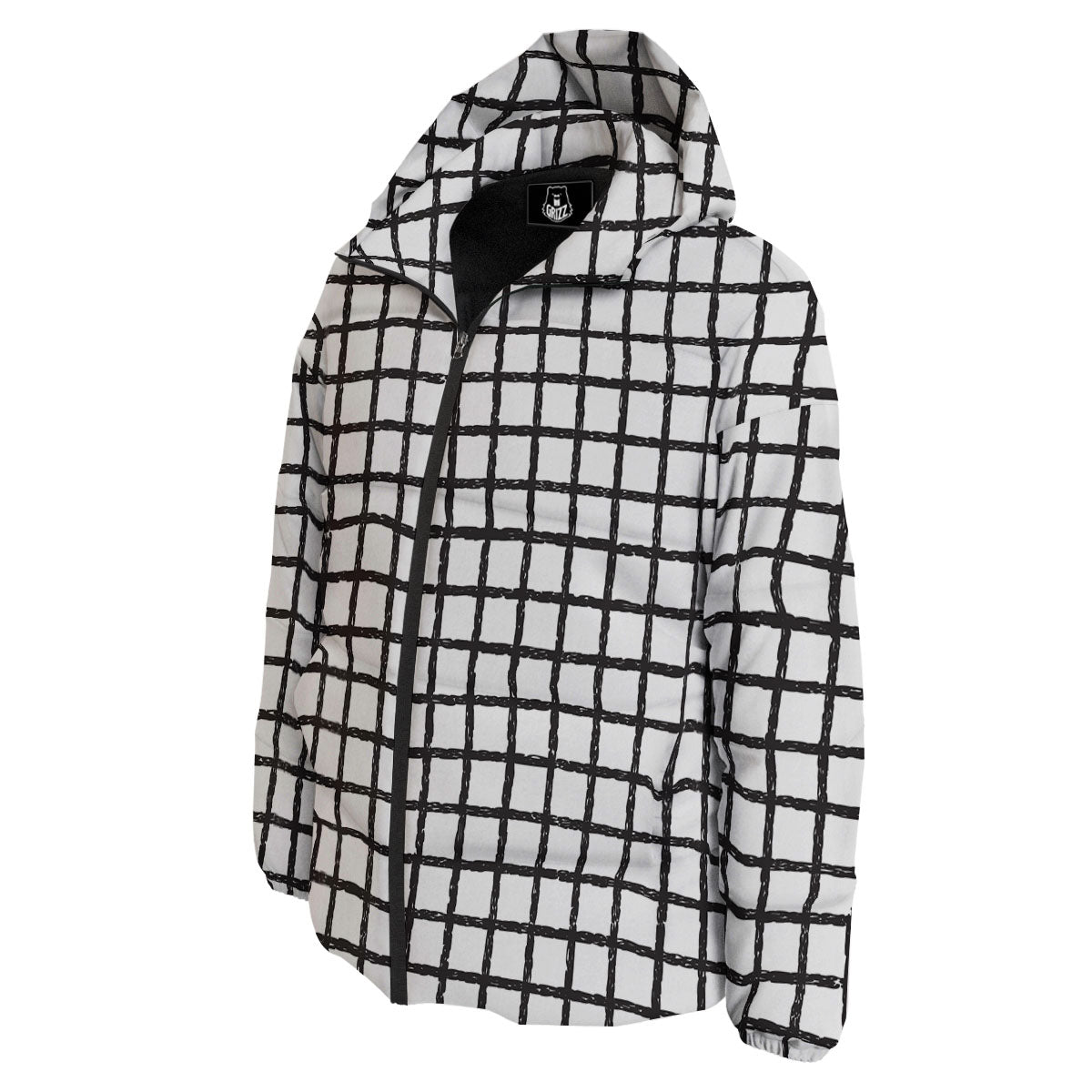 Windowpane White And Black Print Pattern Down Jacket-grizzshop