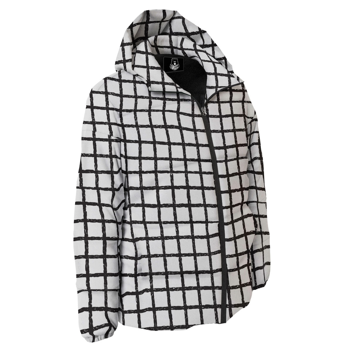 Windowpane White And Black Print Pattern Down Jacket-grizzshop