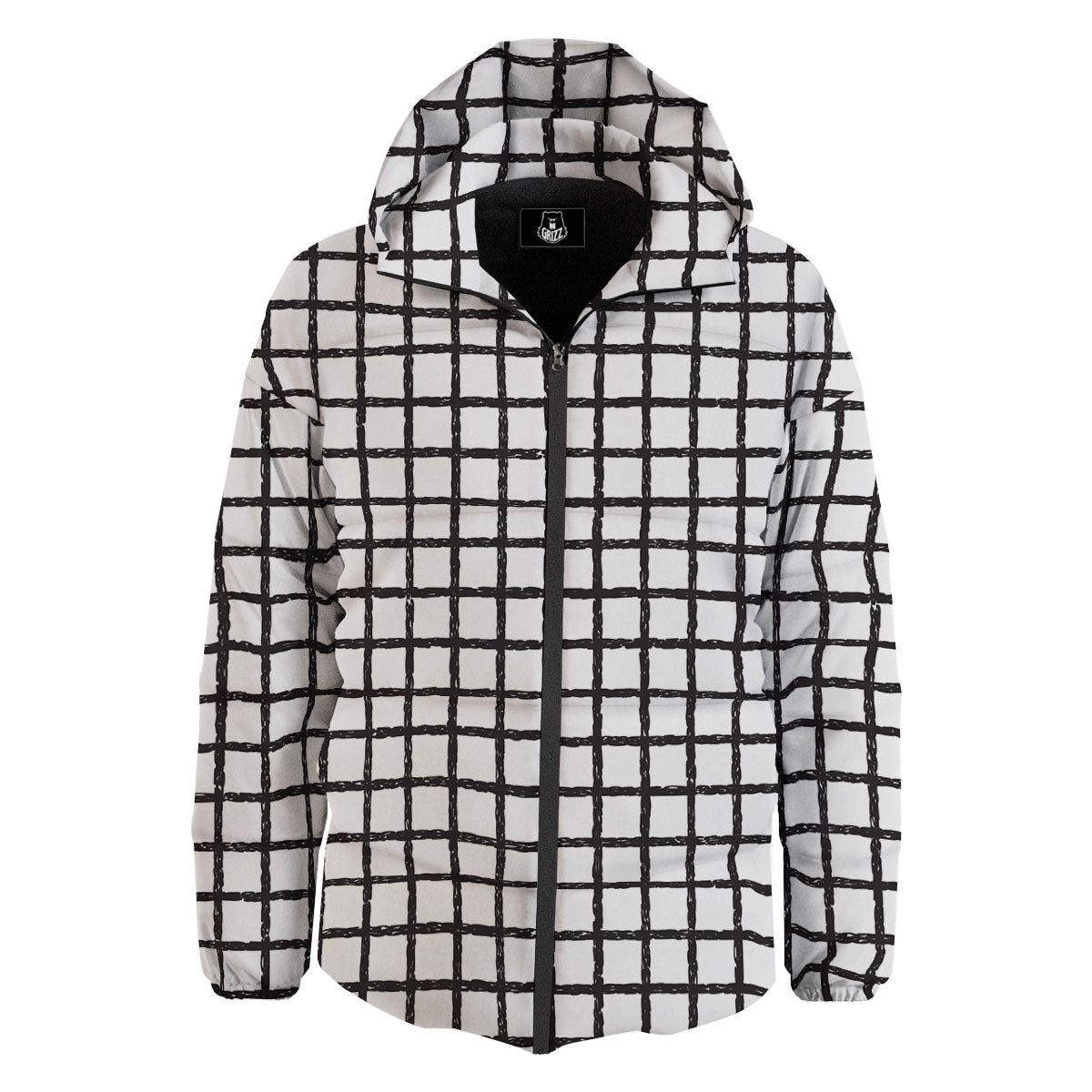 Windowpane White And Black Print Pattern Down Jacket-grizzshop