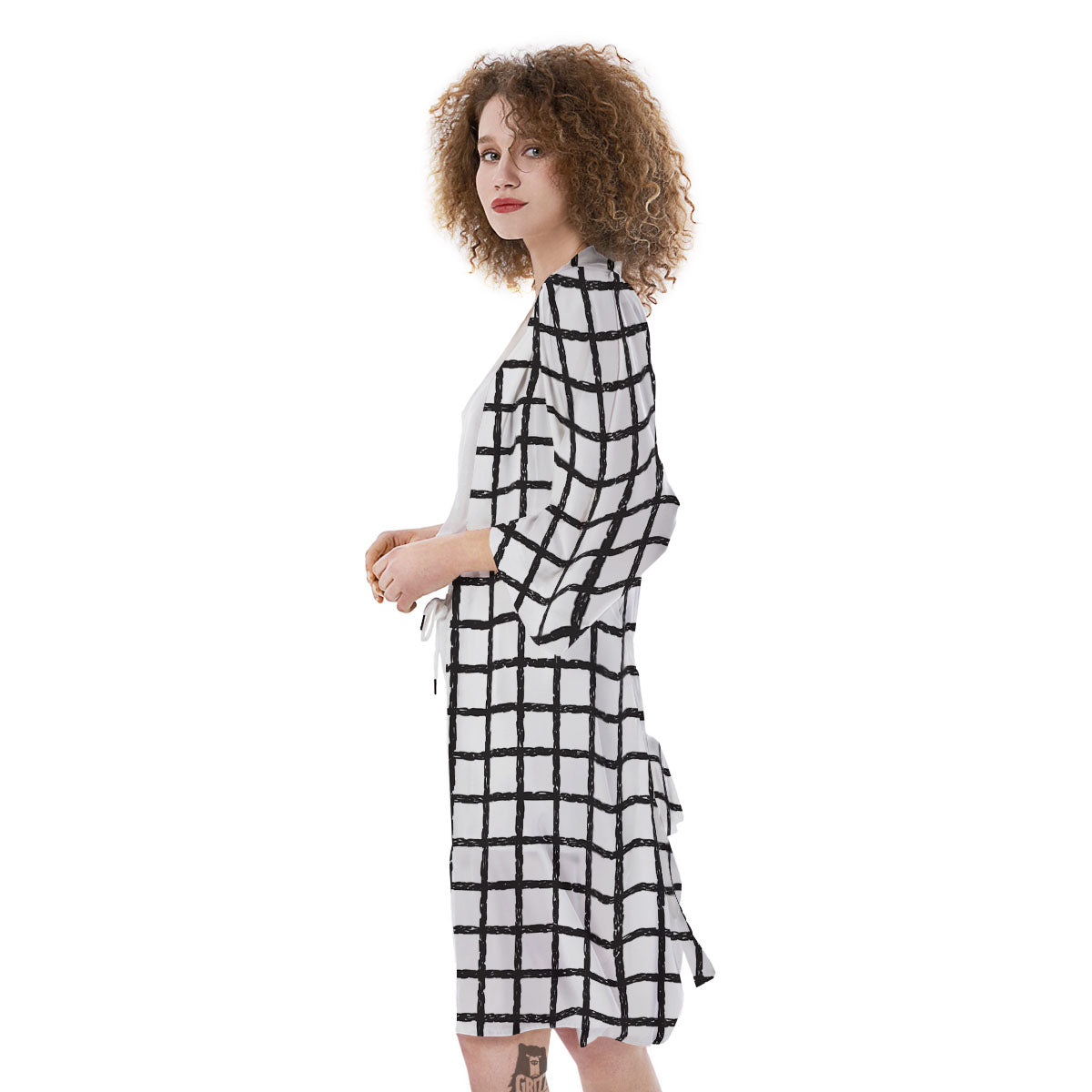 Windowpane White And Black Print Pattern Kimono-grizzshop