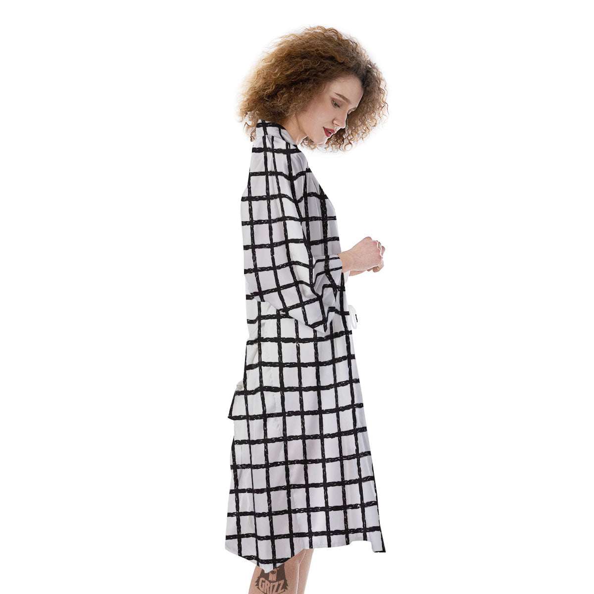 Windowpane White And Black Print Pattern Kimono-grizzshop
