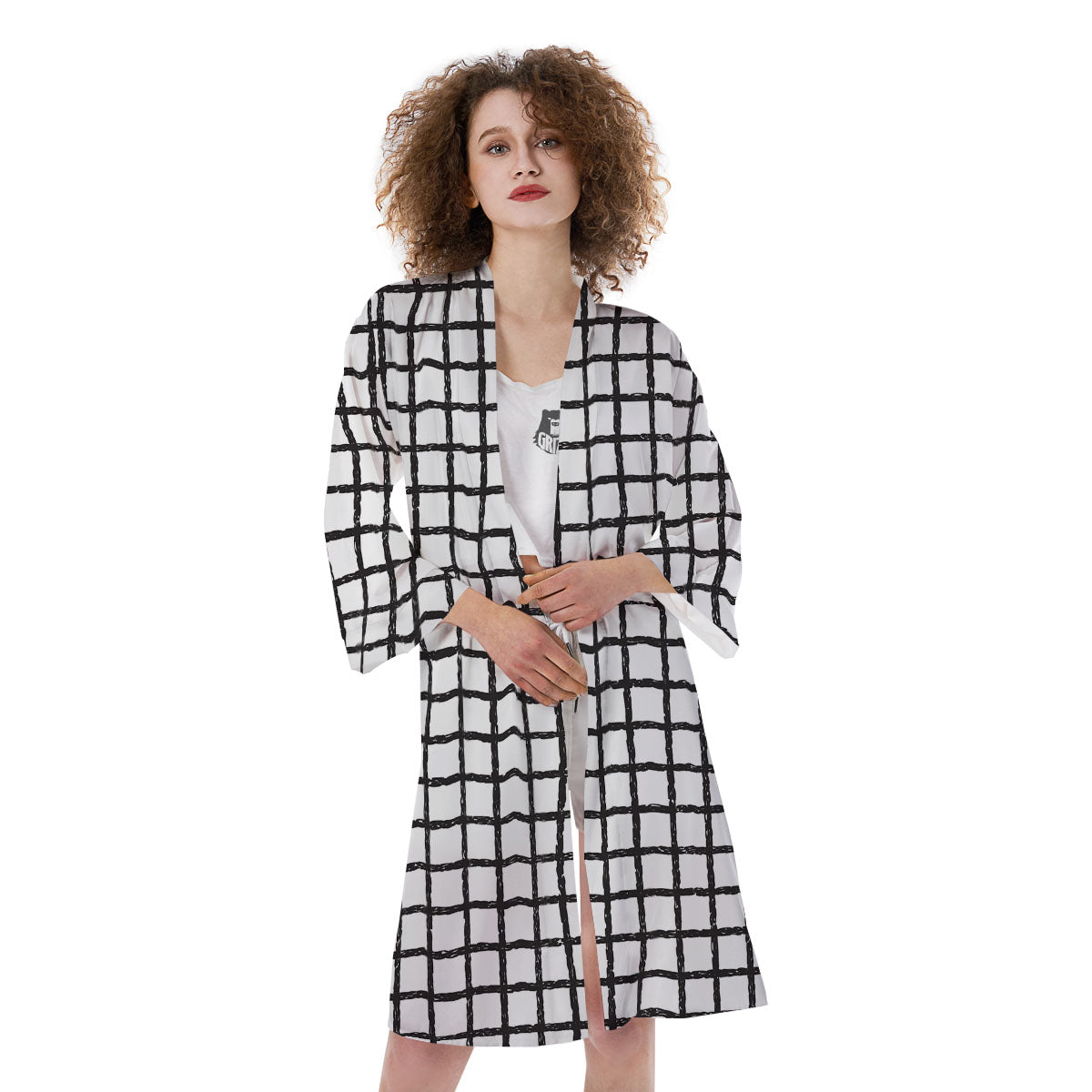 Windowpane White And Black Print Pattern Kimono-grizzshop