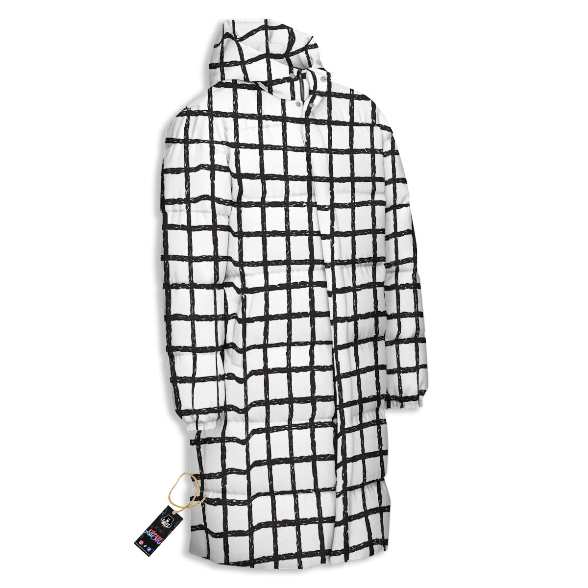 Windowpane White And Black Print Pattern Long Down Jacket-grizzshop