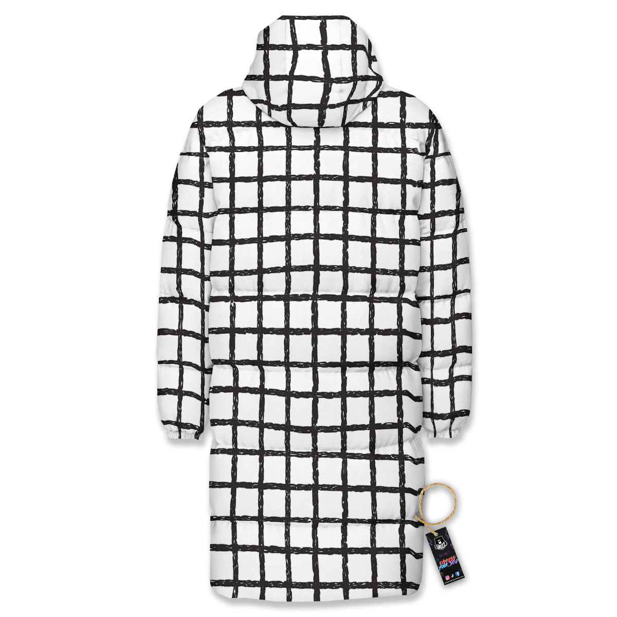 Windowpane White And Black Print Pattern Long Down Jacket-grizzshop