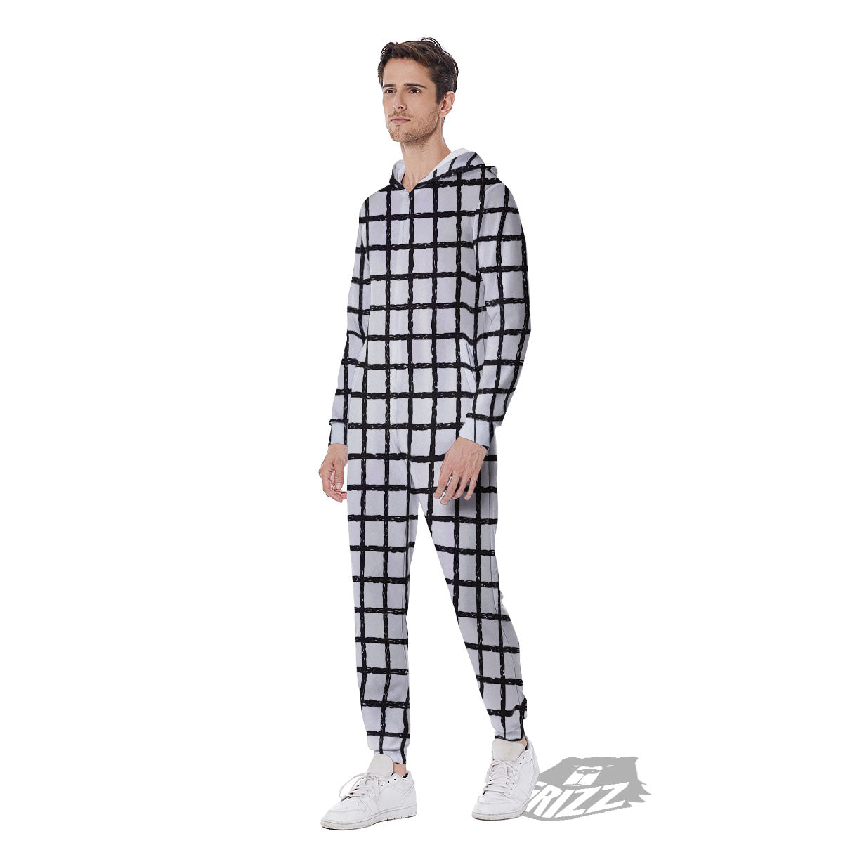 Windowpane White And Black Print Pattern Men's Jumpsuit-grizzshop
