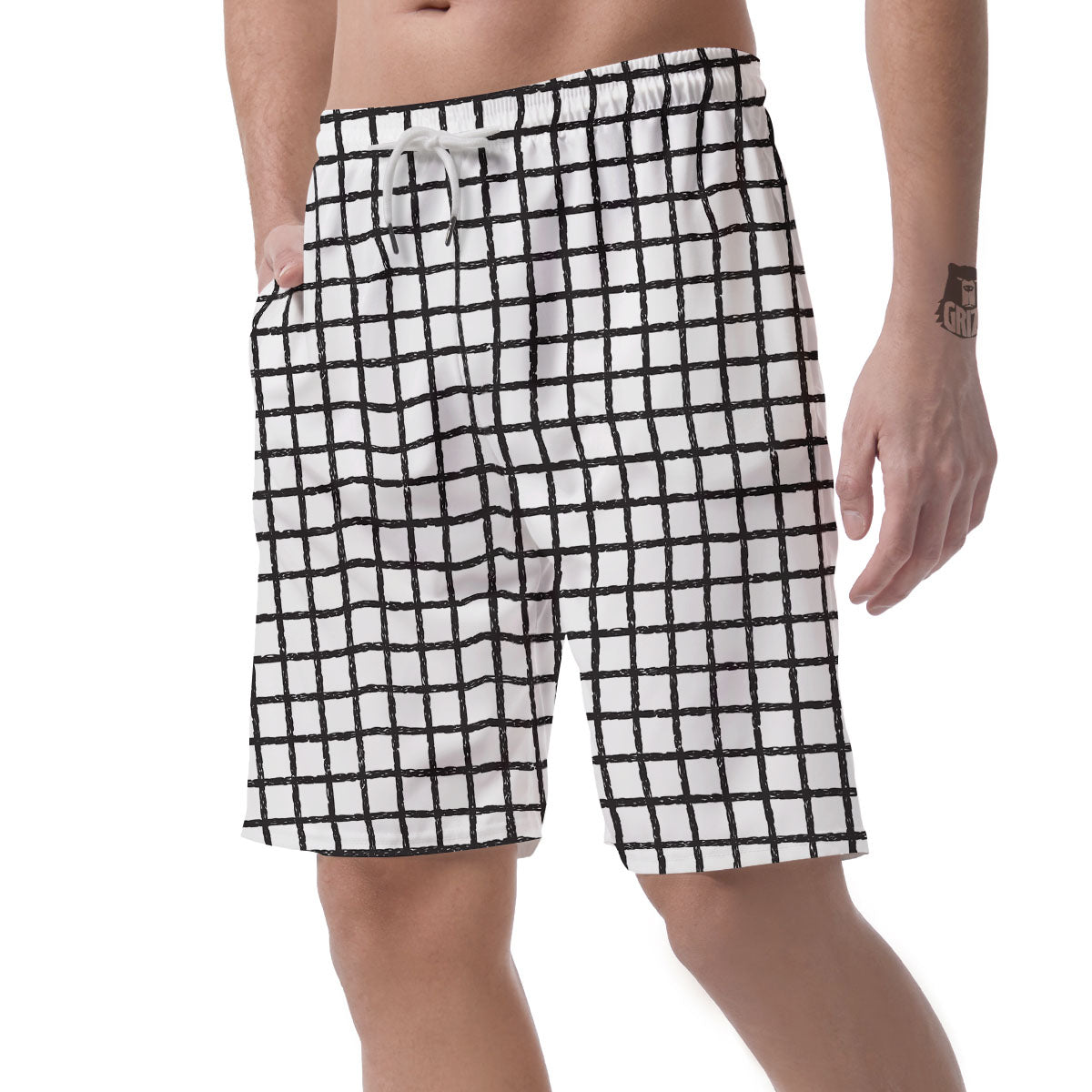 Windowpane White And Black Print Pattern Men's Shorts-grizzshop