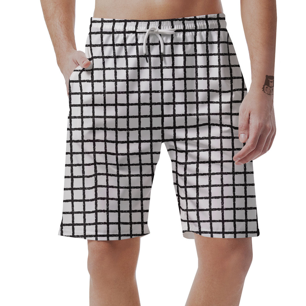 Windowpane White And Black Print Pattern Men's Shorts-grizzshop