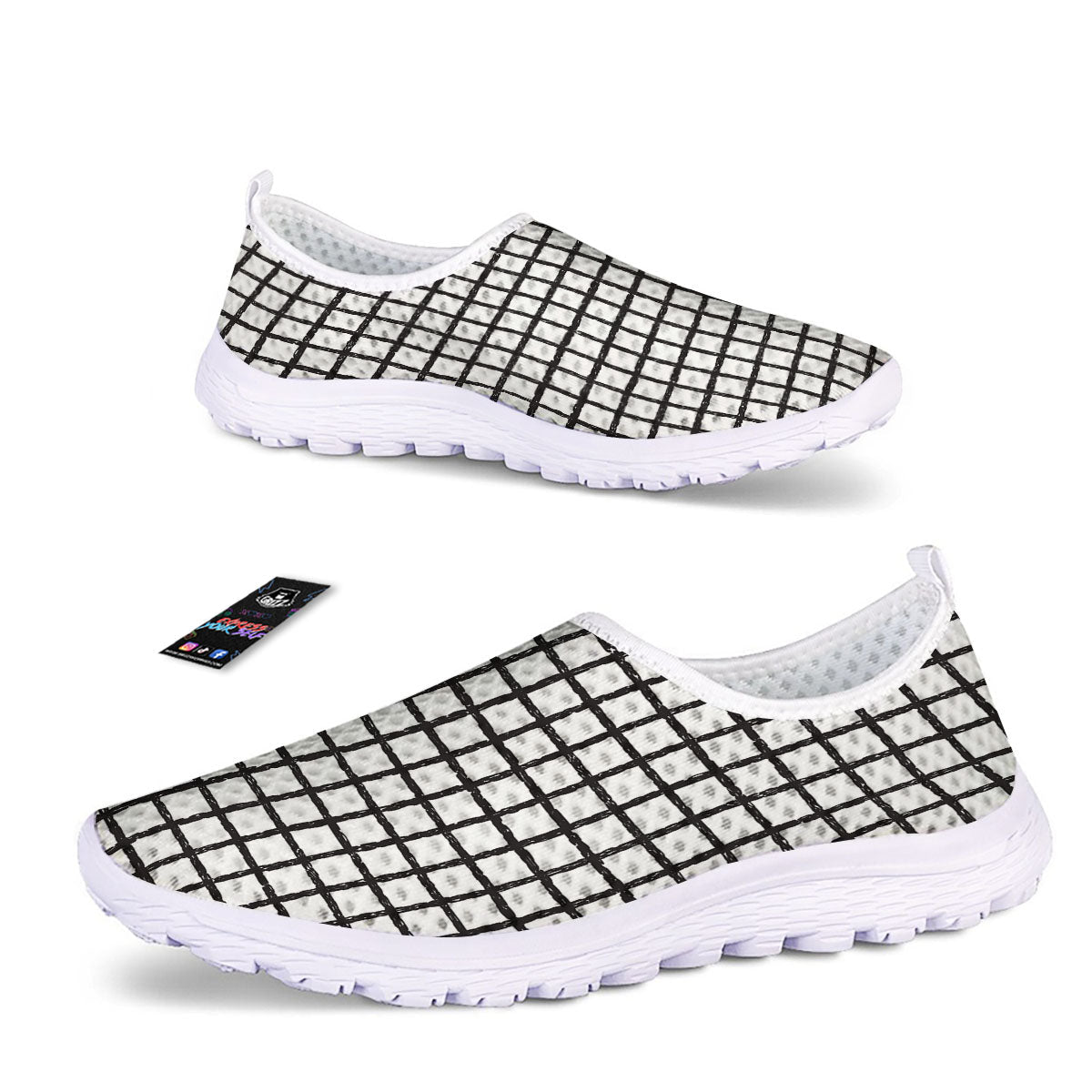 Windowpane White And Black Print Pattern Nurse Shoes-grizzshop