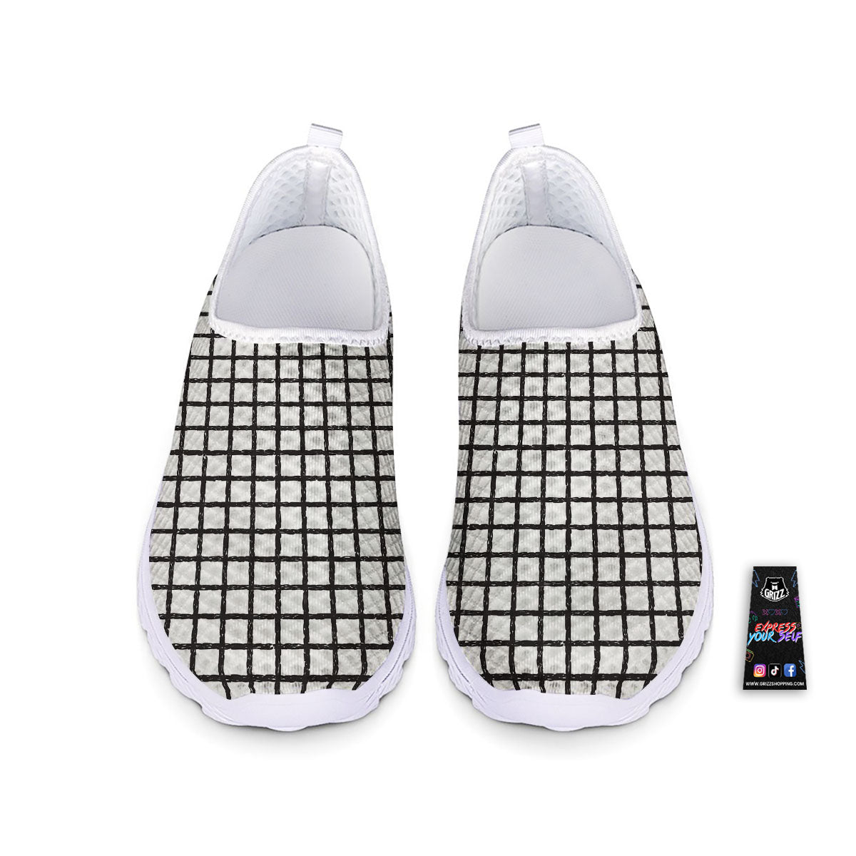 Windowpane White And Black Print Pattern Nurse Shoes-grizzshop