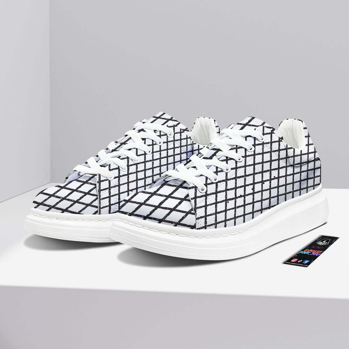 Windowpane White And Black Print Pattern Platform Shoes-grizzshop