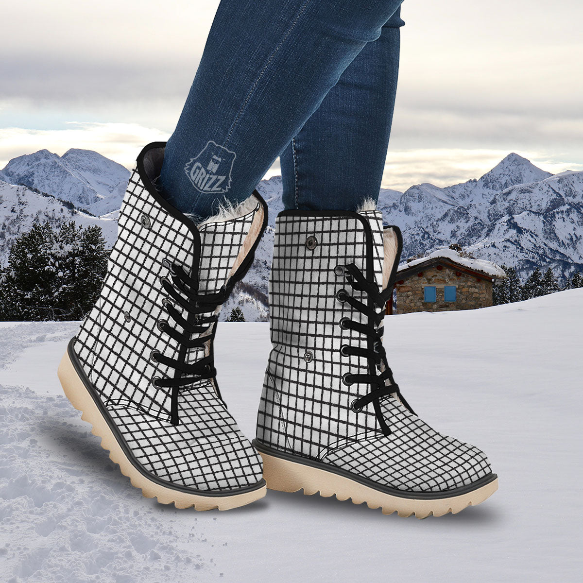 Windowpane White And Black Print Pattern Snow Boots-grizzshop