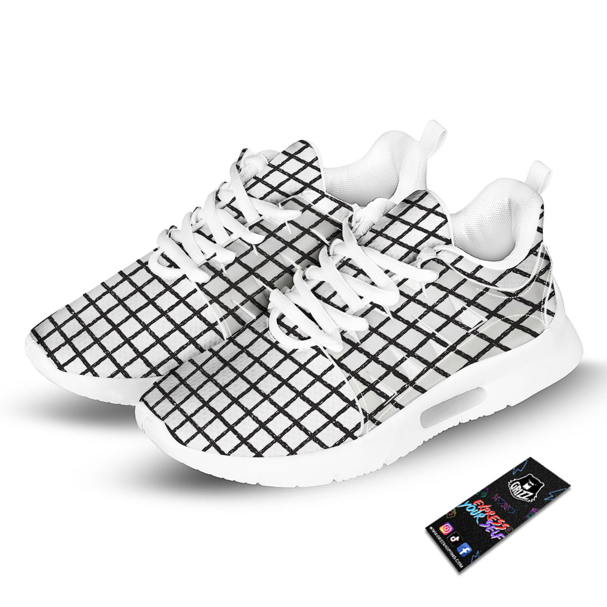 Windowpane White And Black Print Pattern Tennis Shoes-grizzshop