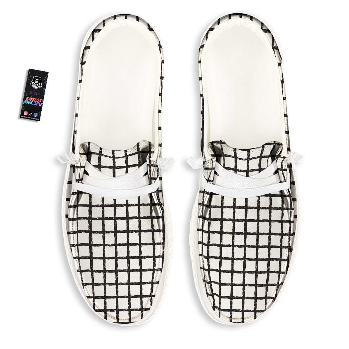 Windowpane White And Black Print Pattern White Loafers-grizzshop