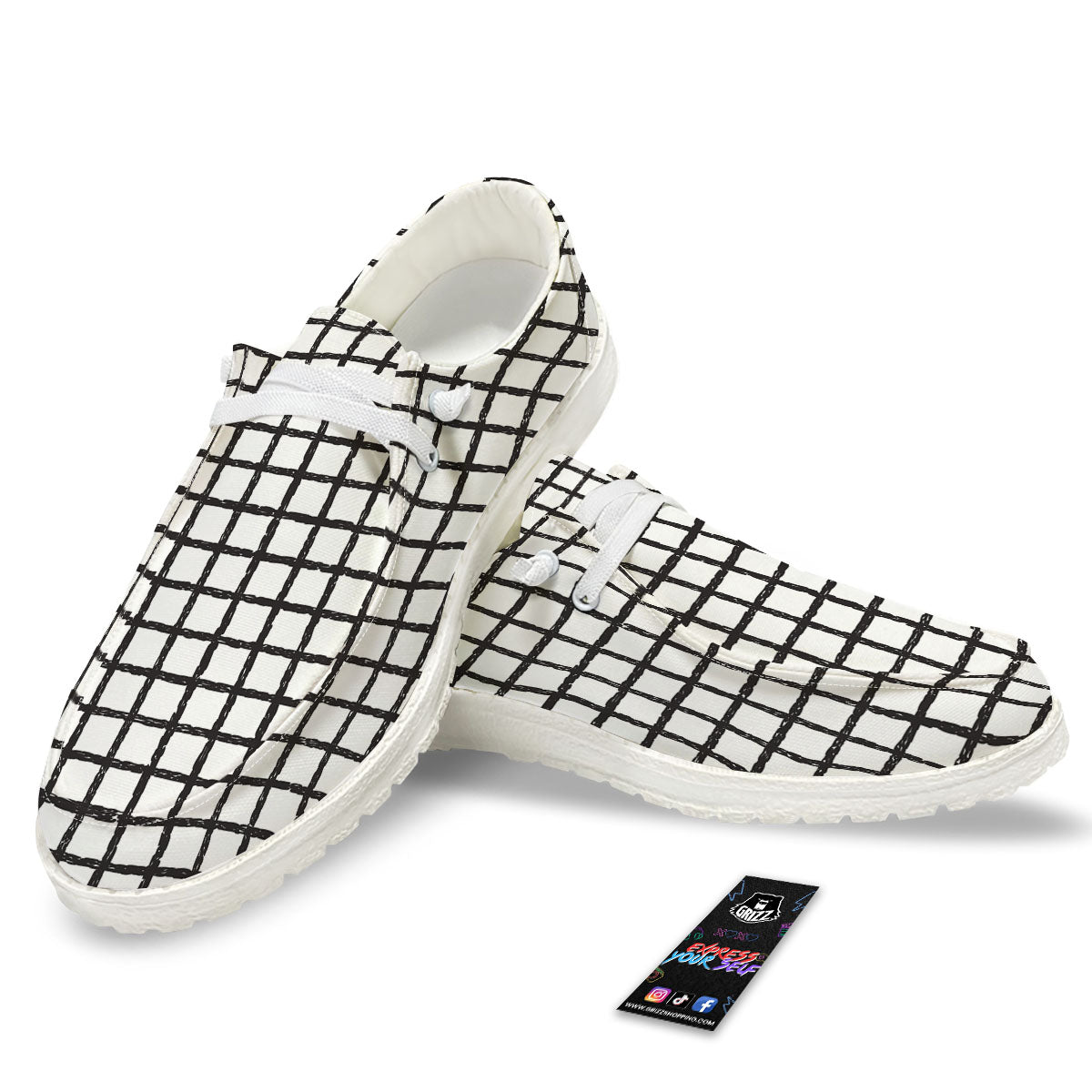 Windowpane White And Black Print Pattern White Loafers-grizzshop