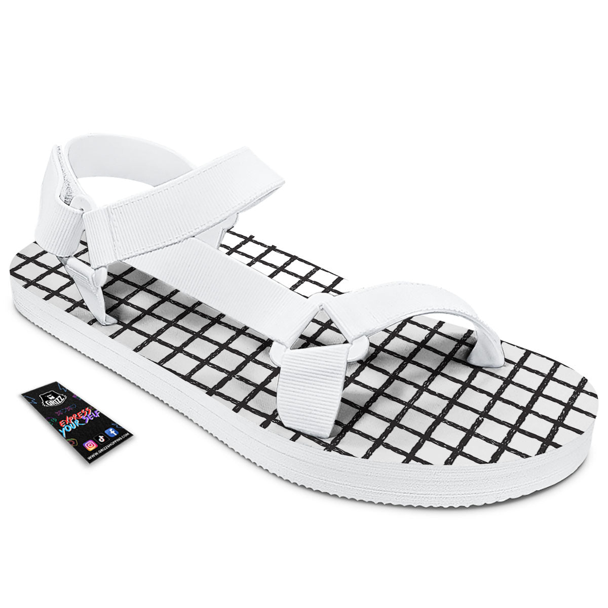 Windowpane White And Black Print Pattern White Open Toe Sandals-grizzshop