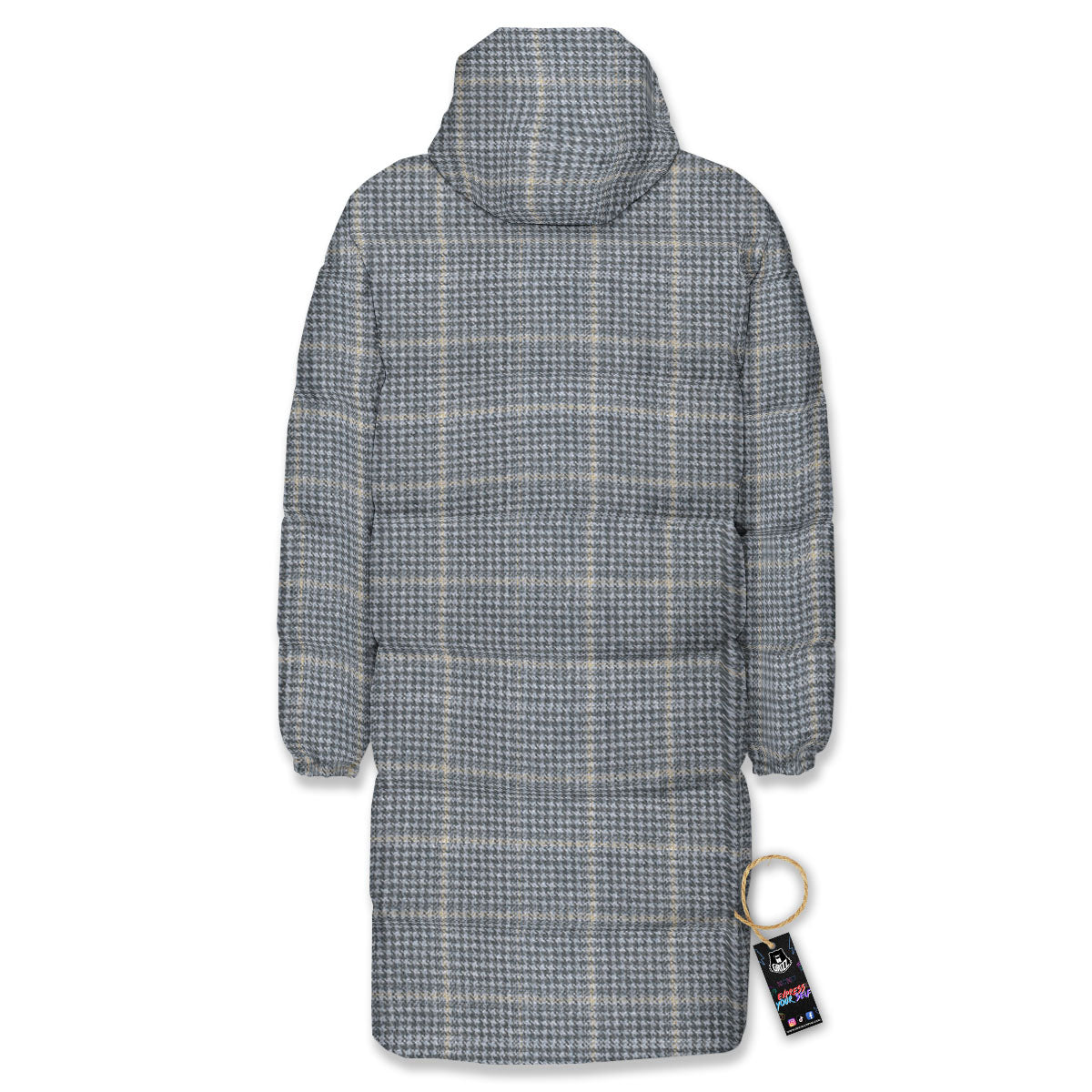 Windowpane Grey Print Pattern Long Down Jacket