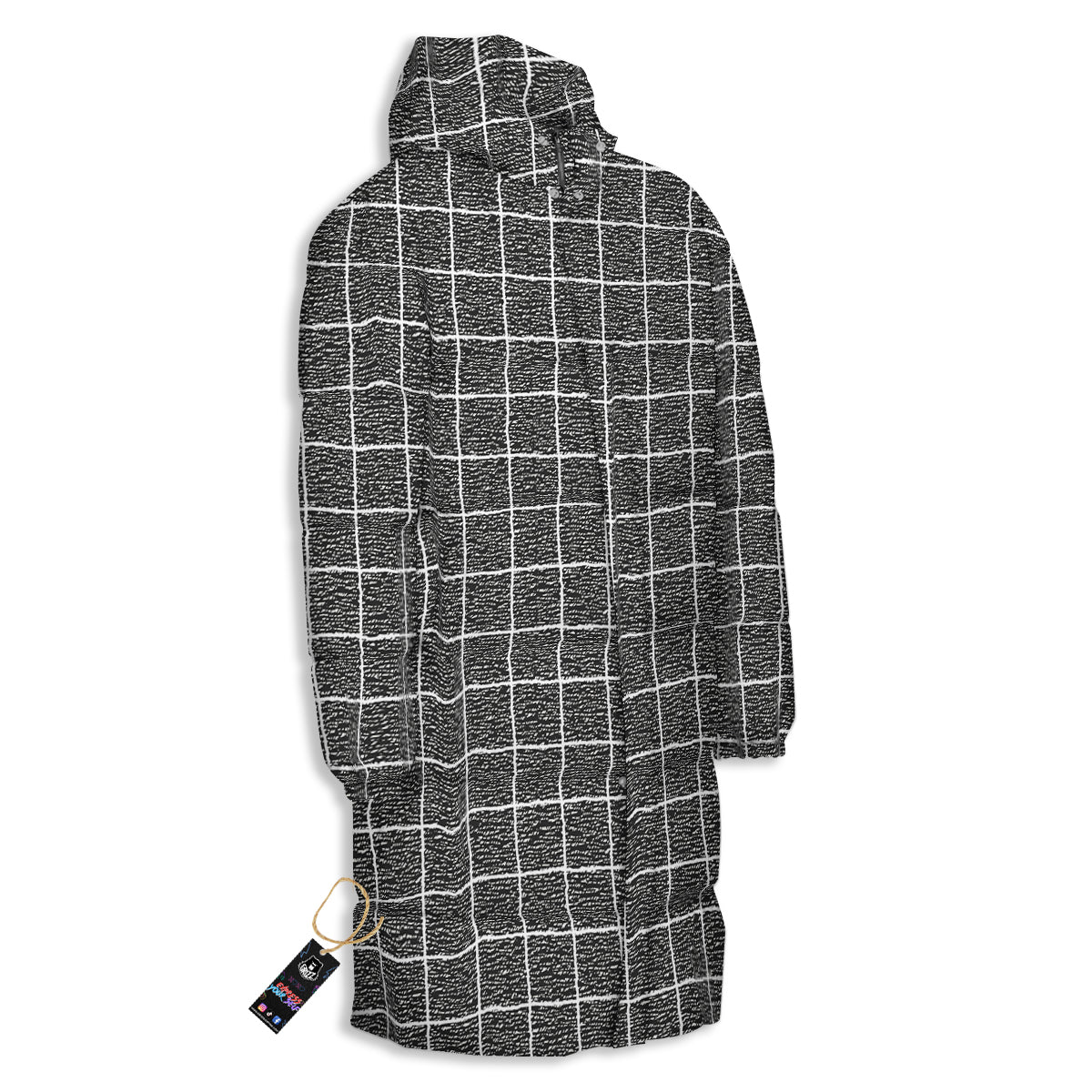 Windowpane Noisy Print Pattern Long Down Jacket
