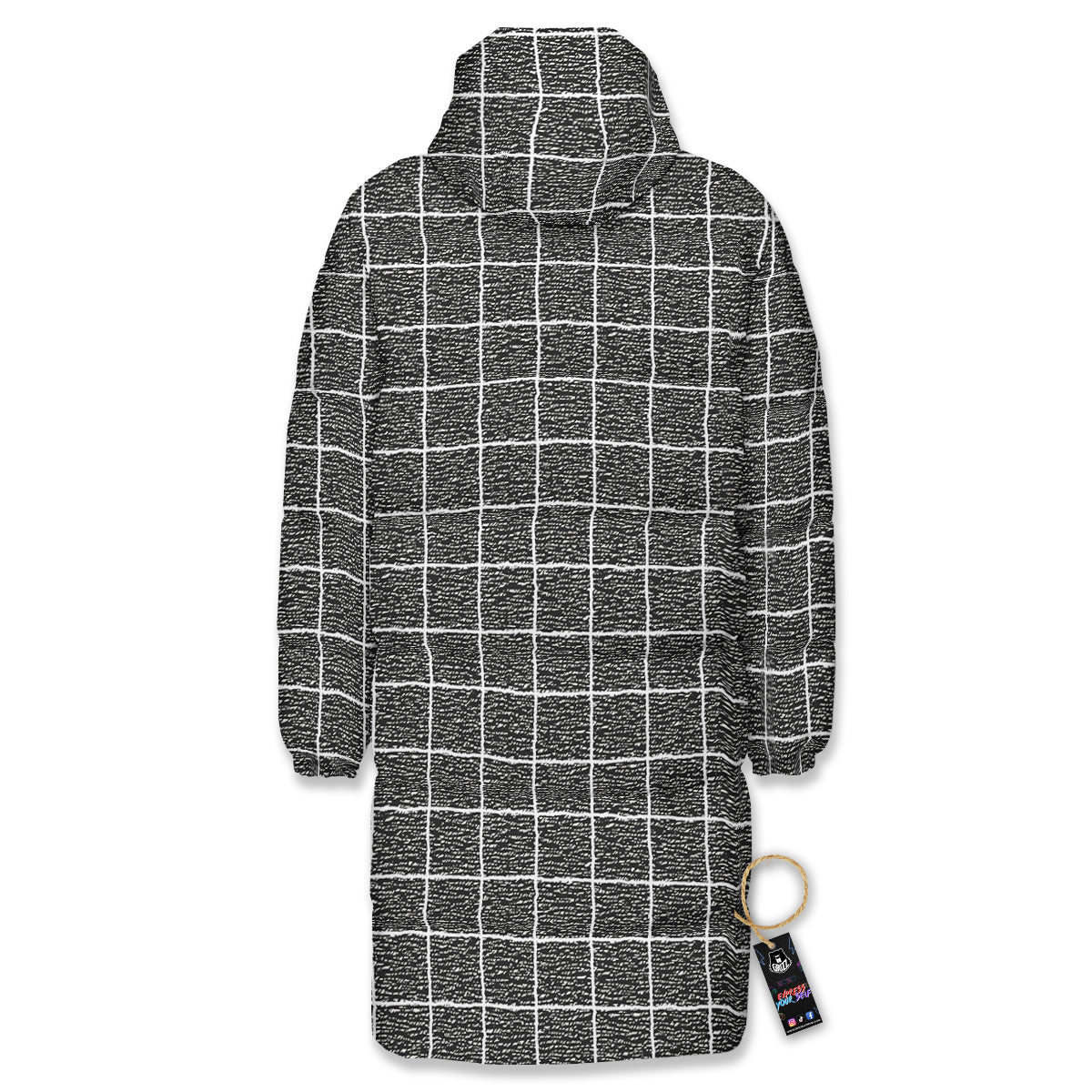 Windowpane Noisy Print Pattern Long Down Jacket