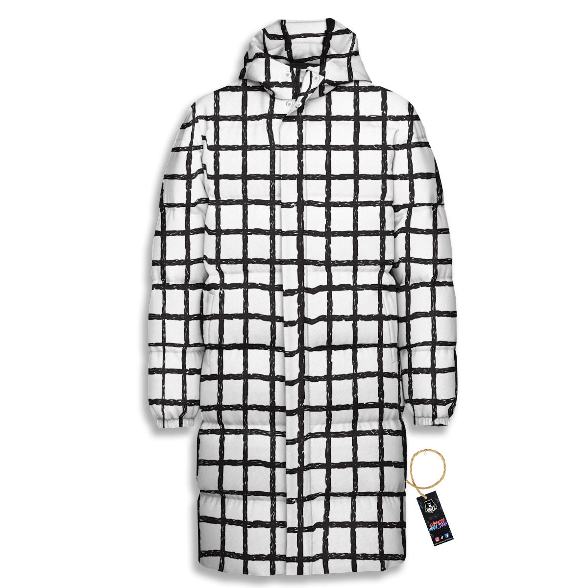 Windowpane White And Black Print Pattern Long Down Jacket