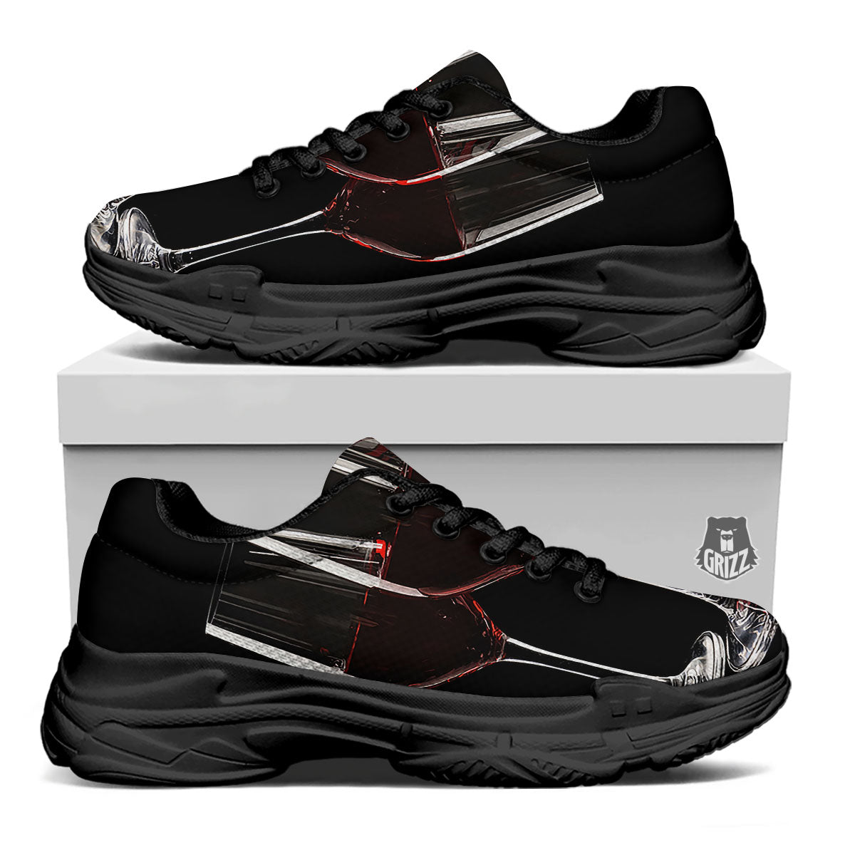 Wine Glasses Print Black Chunky Shoes-grizzshop