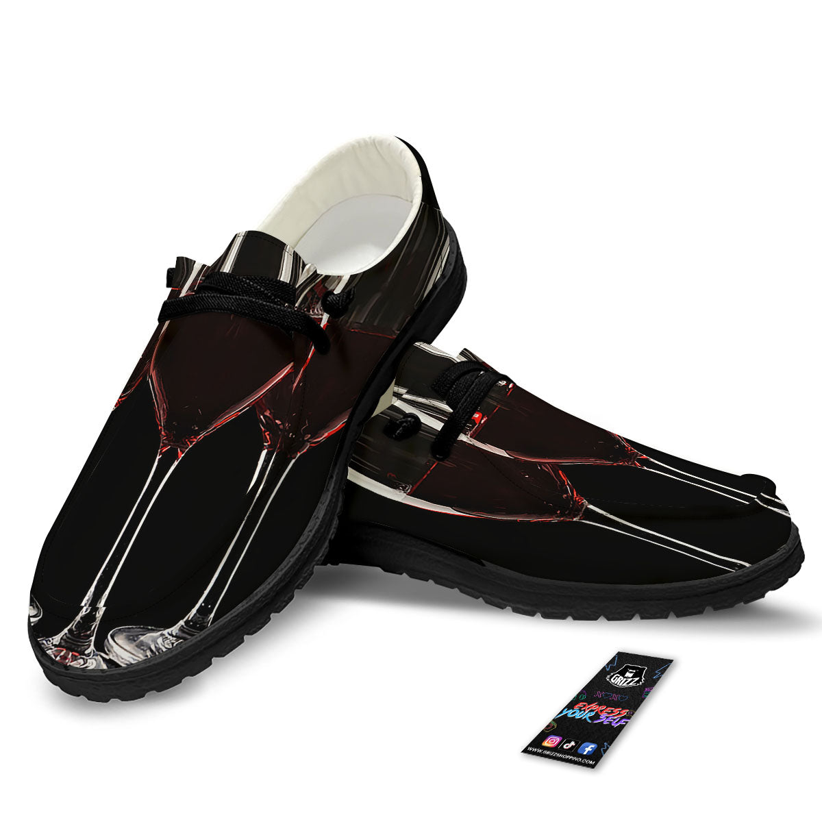 Wine Glasses Print Black Loafers-grizzshop
