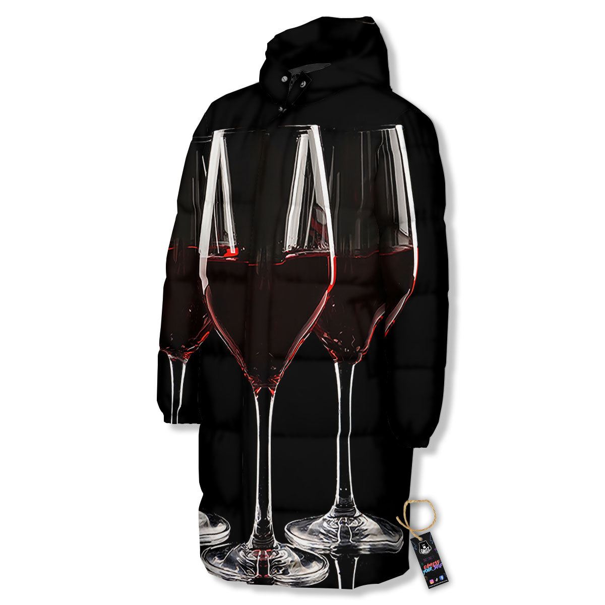 Wine Glasses Print Long Down Jacket-grizzshop
