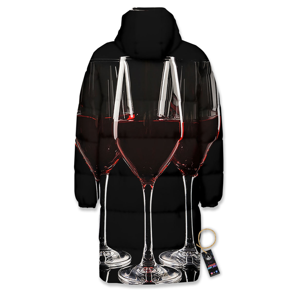 Wine Glasses Print Long Down Jacket-grizzshop