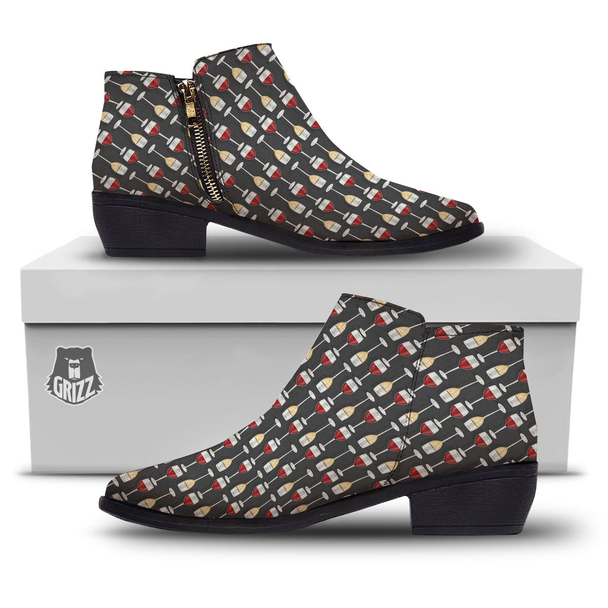 Wine Glasses Print Pattern Ankle Boots-grizzshop