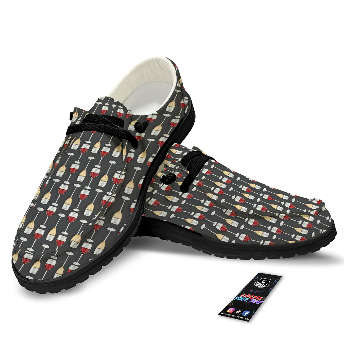 Wine Glasses Print Pattern Black Loafers-grizzshop