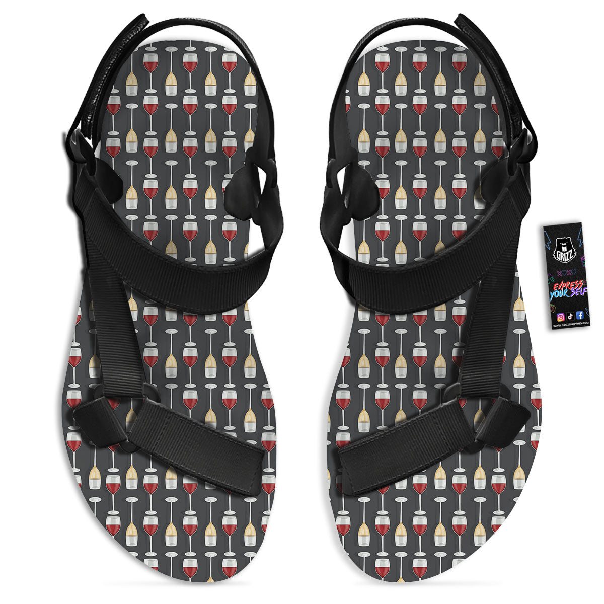 Wine Glasses Print Pattern Black Open Toe Sandals-grizzshop