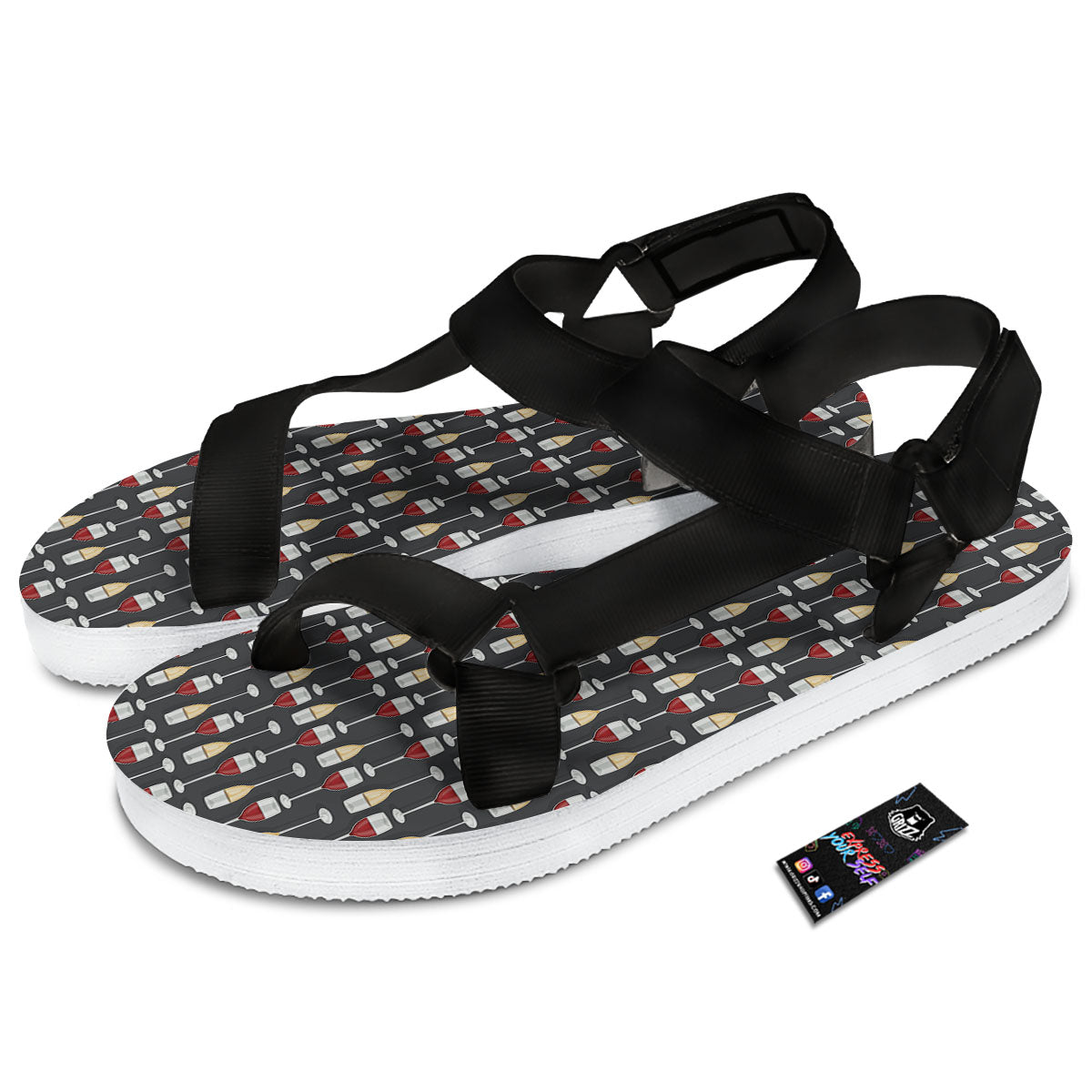 Wine Glasses Print Pattern Black Open Toe Sandals-grizzshop