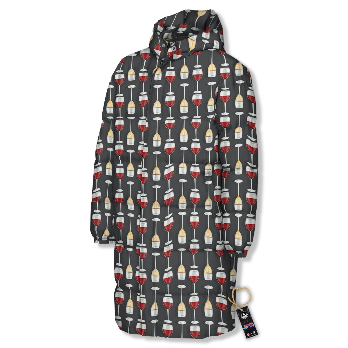 Wine Glasses Print Pattern Long Down Jacket-grizzshop